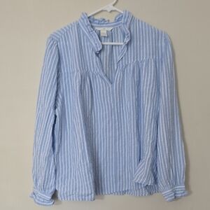 H&M Blue and White Striped Ruffle-Neck Blouse